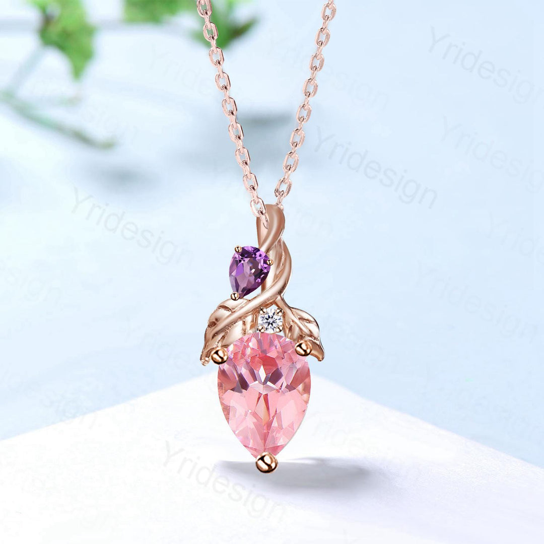 Unique Pear Shaped Padparadscha Sapphire Pendant Necklace Nature Inspired Leaves Necklace Amethyst Leaf Vine Anniversary gift for Daughter - PENFINE