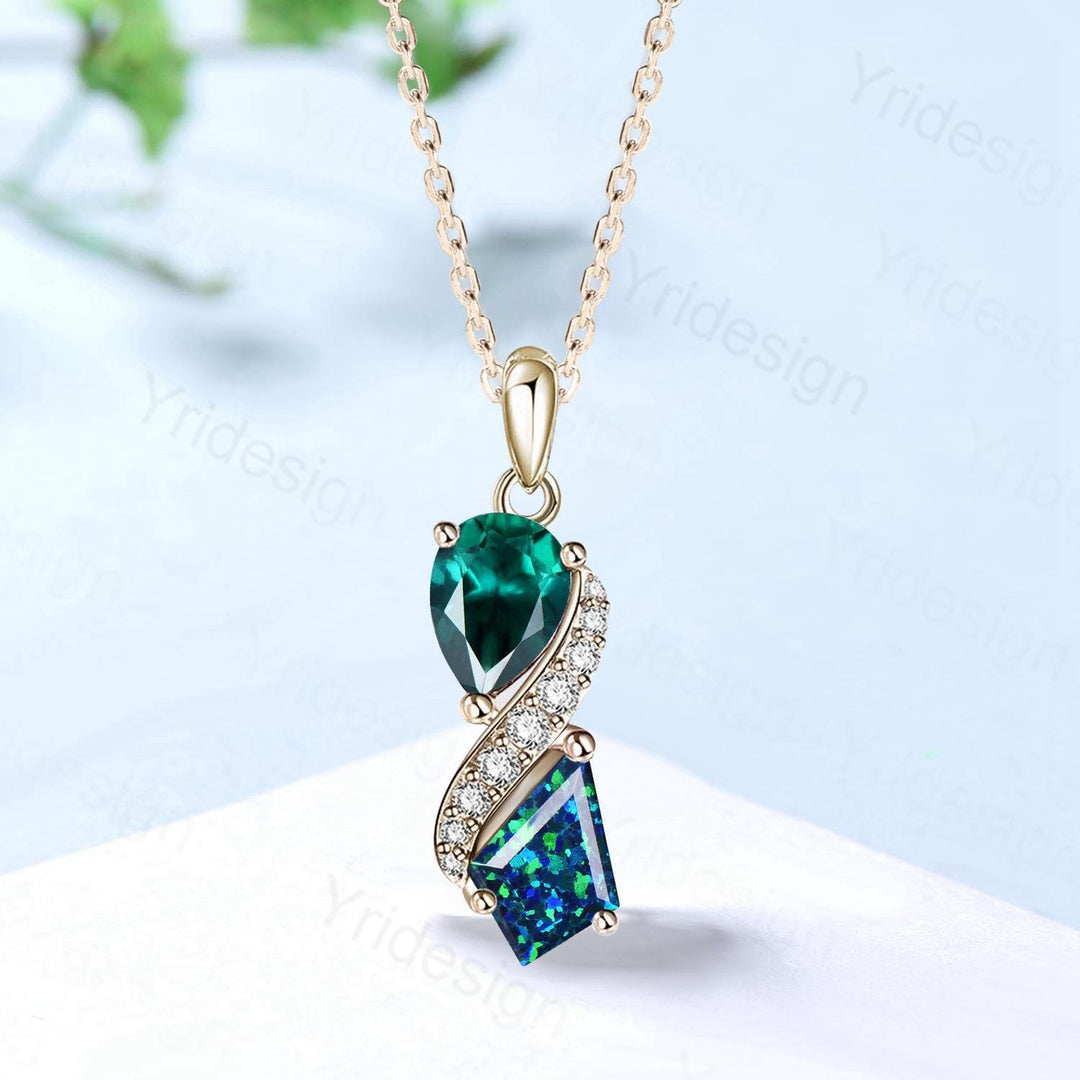 Unique Kite Cut Black Fire Opal Pendant Necklace Women Alternative Moissanite Pear Shaped Emerald Necklace Vintage Snake Anniversary Gifts - PENFINE