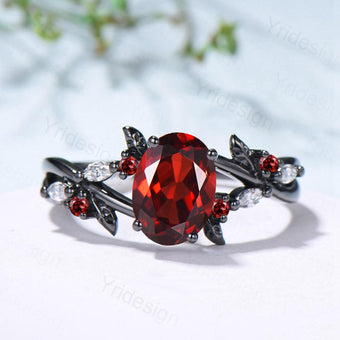 Unique Black Gold Garnet Wedding Ring Natural Inspired Gothic Oval Garnet Engagement Ring Leaves Cluster Moissanite Split Shank Wedding Ring - PENFINE