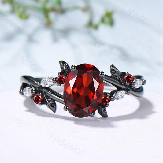 Unique Black Gold Garnet Wedding Ring Natural Inspired Gothic Oval Garnet Engagement Ring Leaves Cluster Moissanite Split Shank Wedding Ring - PENFINE
