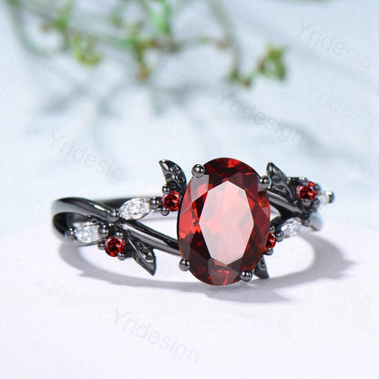Unique Black Gold Garnet Wedding Ring Natural Inspired Gothic Oval Garnet Engagement Ring Leaves Cluster Moissanite Split Shank Wedding Ring - PENFINE