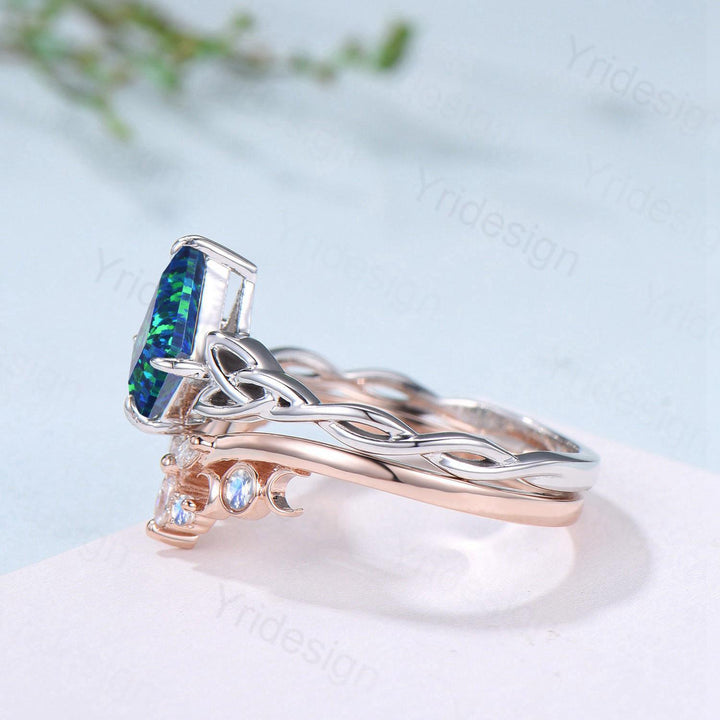 Norse Viking Kite Blue Opal Engagement Ring Set Unique Celtic Love Knot October Birthstone Promise Ring Butterfly Moonstone Stacking Band - PENFINE