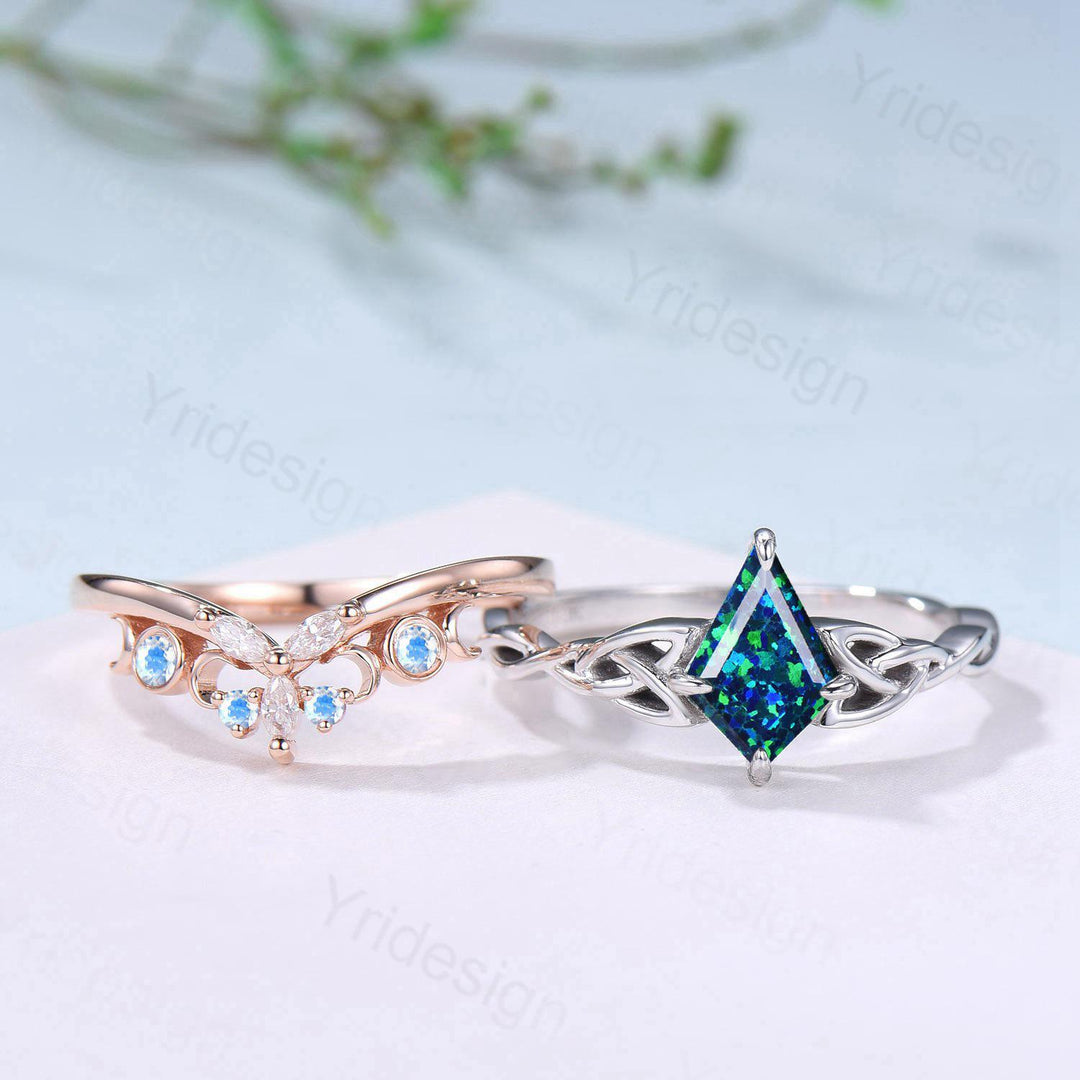 Norse Viking Kite Blue Opal Engagement Ring Set Unique Celtic Love Knot October Birthstone Promise Ring Butterfly Moonstone Stacking Band - PENFINE