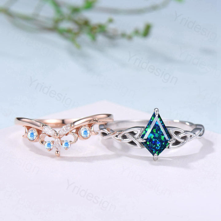 Norse Viking Kite Blue Opal Engagement Ring Set Unique Celtic Love Knot October Birthstone Promise Ring Butterfly Moonstone Stacking Band - PENFINE