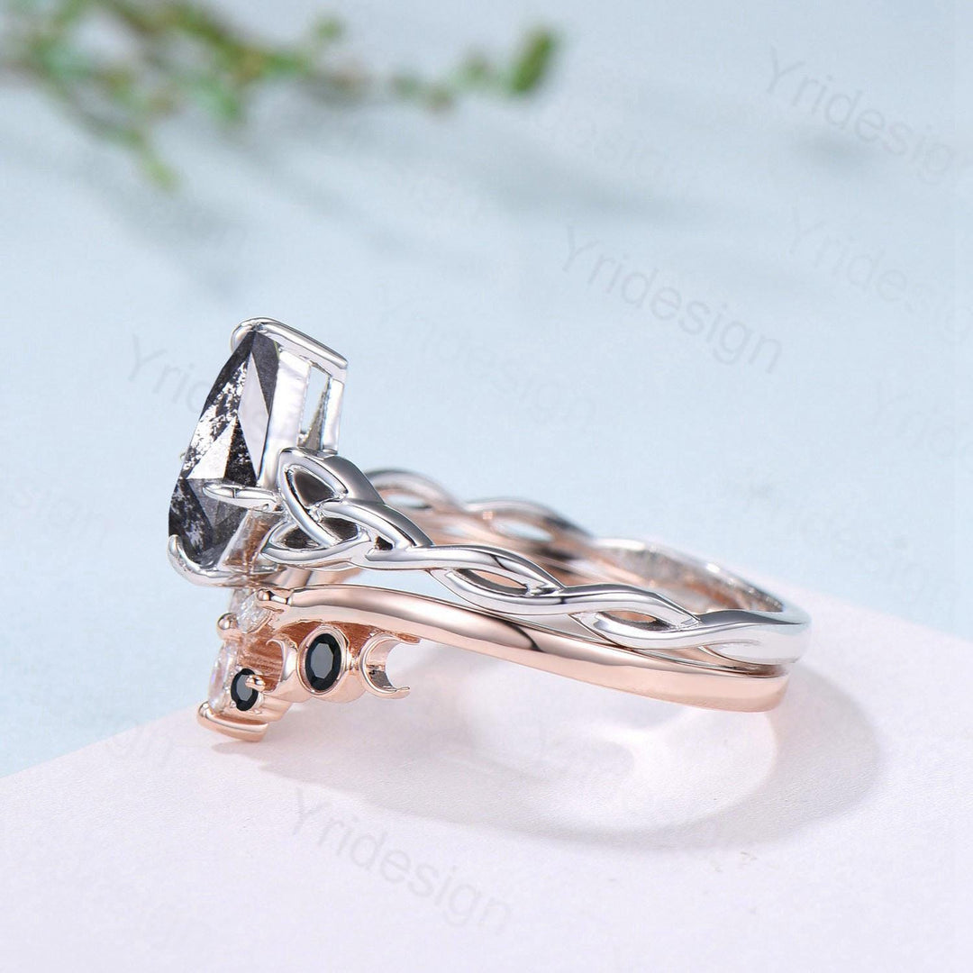 Norse Viking Kite cut salt pepper diamond engagement ring celtic knot pepper diamond bridal set unique black spinel staking band wedding set - PENFINE