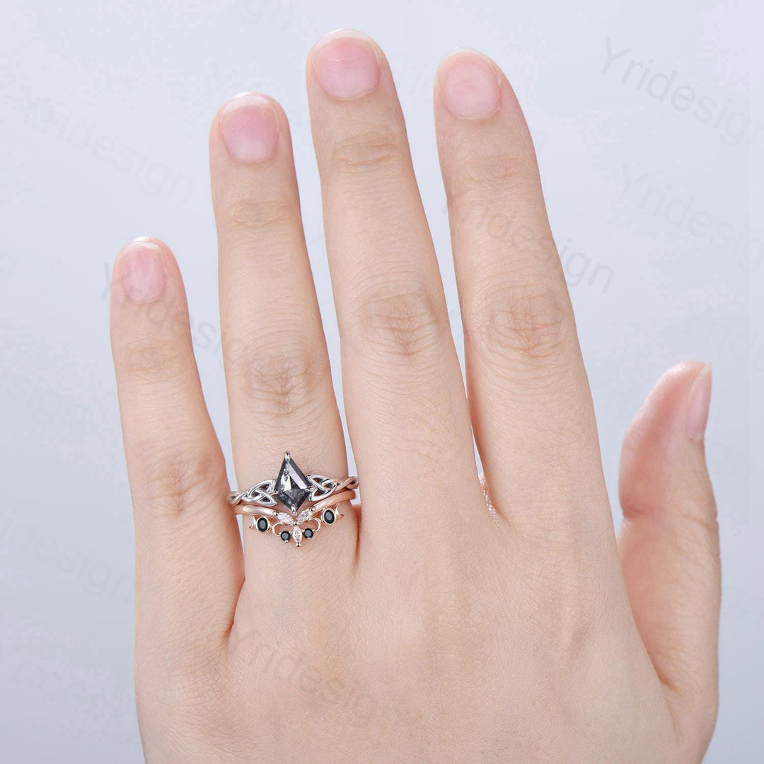 Norse Viking Kite cut salt pepper diamond engagement ring celtic knot pepper diamond bridal set unique black spinel staking band wedding set - PENFINE