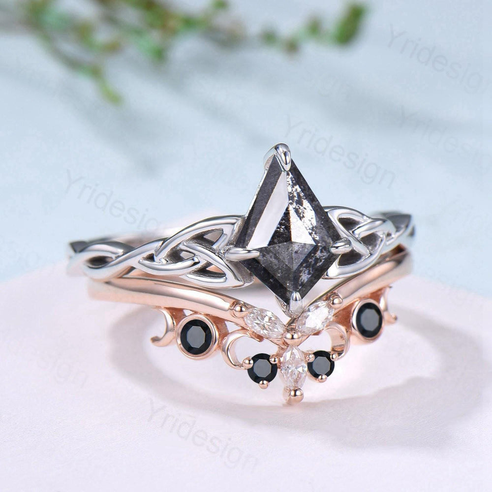 Norse Viking Kite cut salt pepper diamond engagement ring celtic knot pepper diamond bridal set unique black spinel staking band wedding set - PENFINE