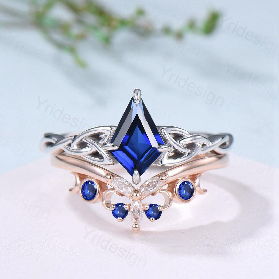 Norse Viking Kite Cut Blue Sapphire Engagement Ring Set Unique Celtic Love Knot Sep Birthstone Butterfly Wedding Band Twist Bridal Set Women - PENFINE