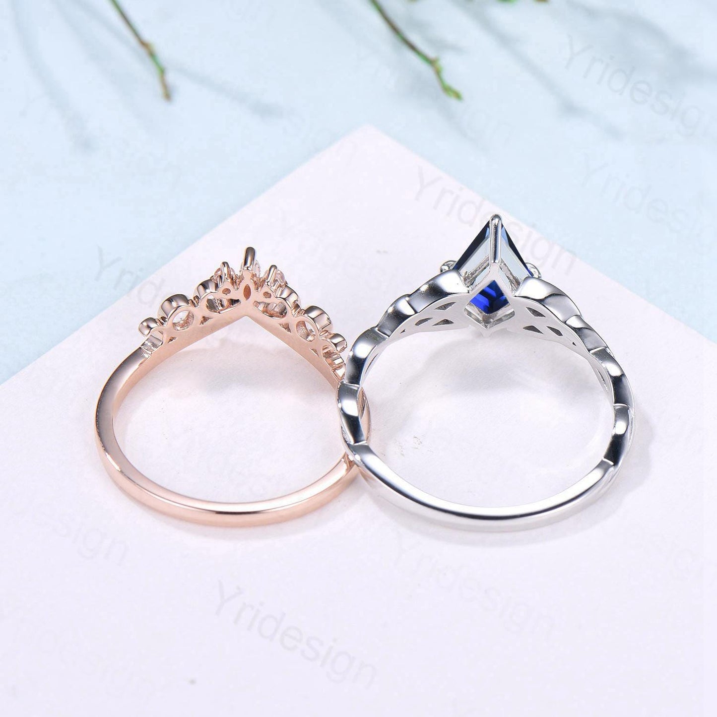 Norse Viking Kite Cut Blue Sapphire Engagement Ring Set Unique Celtic Love Knot Sep Birthstone Butterfly Wedding Band Twist Bridal Set Women - PENFINE