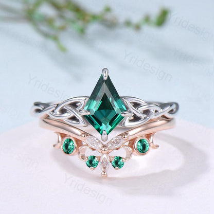 Norse Viking Kite Cut Emerald Engagement Ring Set Unique Celtic Love Knot May Birthstone Butterfly Wedding Ring Set Vintage Twist Bridal Set - PENFINE
