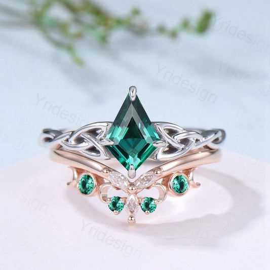 Norse Viking Kite Cut Emerald Engagement Ring Set Unique Celtic Love Knot May Birthstone Butterfly Wedding Ring Set Vintage Twist Bridal Set - PENFINE