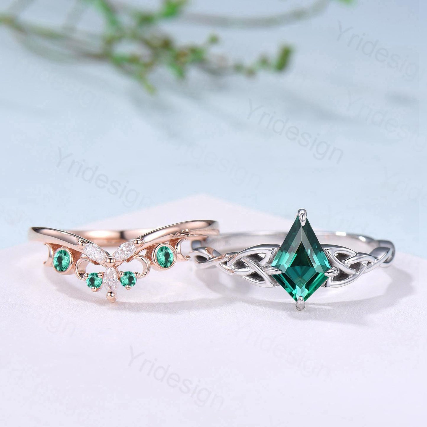 Norse Viking Kite Cut Emerald Engagement Ring Set Unique Celtic Love Knot May Birthstone Butterfly Wedding Ring Set Vintage Twist Bridal Set - PENFINE