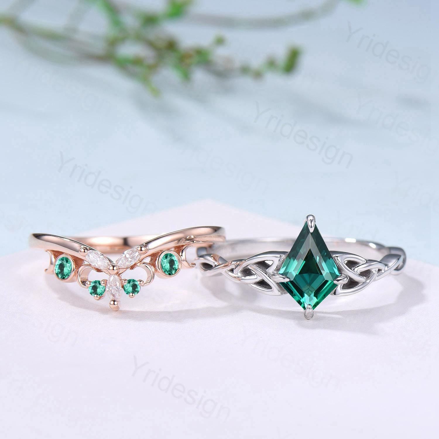 Norse Viking Kite Cut Emerald Engagement Ring Set Unique Celtic Love Knot May Birthstone Butterfly Wedding Ring Set Vintage Twist Bridal Set - PENFINE