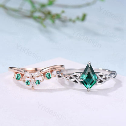 Norse Viking Kite Cut Emerald Engagement Ring Set Unique Celtic Love Knot May Birthstone Butterfly Wedding Ring Set Vintage Twist Bridal Set - PENFINE