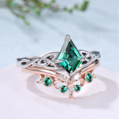 Norse Viking Kite Cut Emerald Engagement Ring Set Unique Celtic Love Knot May Birthstone Butterfly Wedding Ring Set Vintage Twist Bridal Set - PENFINE