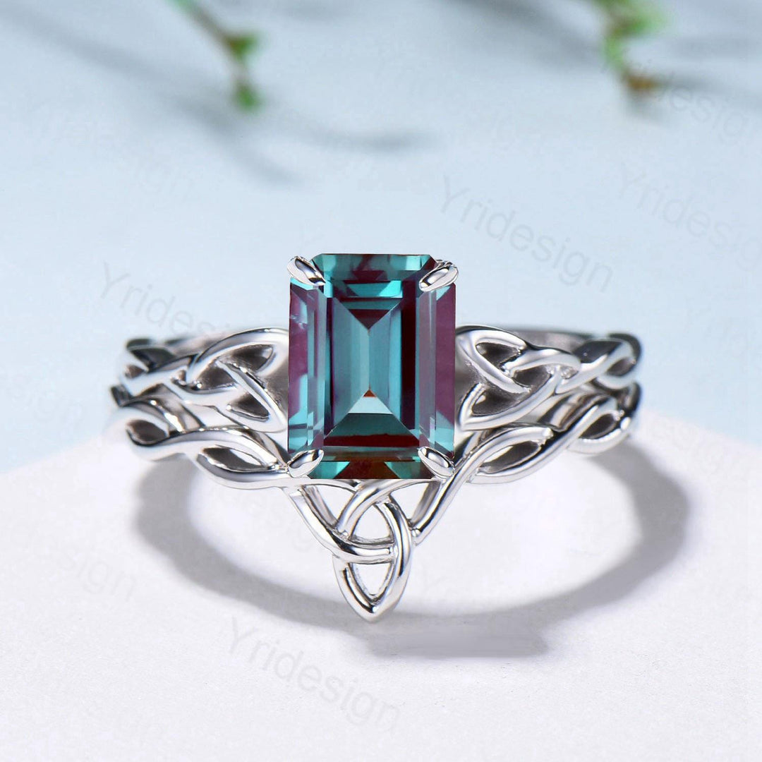 Norse Viking Alexandrite Wedding Ring Set Celtic Knot Lab Alexandrite Engagement Ring June Birthstone Jewelry Unique 2Pcs Twisted Bridal Set - PENFINE