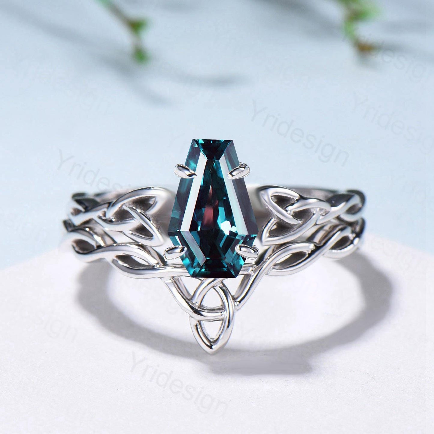 Norse Viking Alexandrite Wedding Ring Set Celtic Knot Lab Alexandrite Engagement Ring June Birthstone Jewelry Unique 2Pcs Twisted Bridal Set - PENFINE