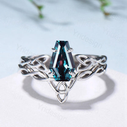 Norse Viking Alexandrite Wedding Ring Set Celtic Knot Lab Alexandrite Engagement Ring June Birthstone Jewelry Unique 2Pcs Twisted Bridal Set - PENFINE
