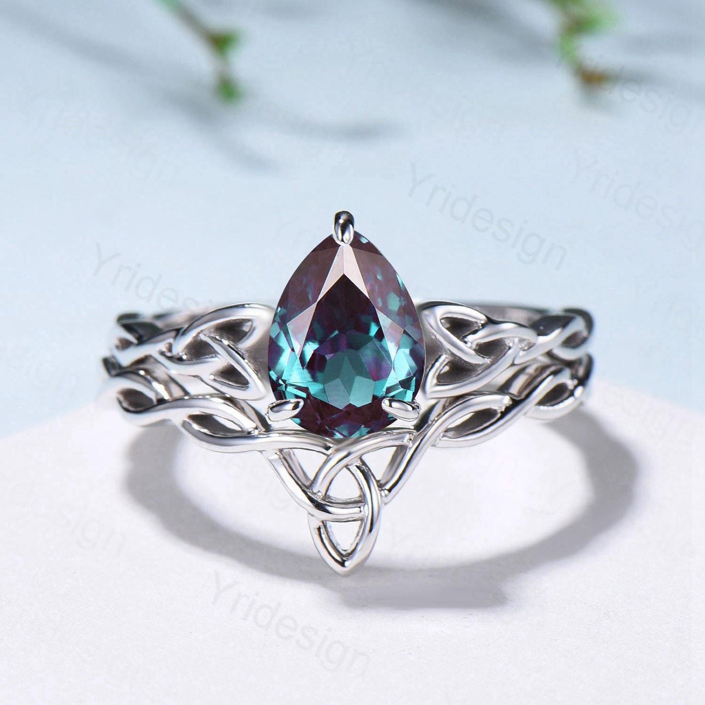 Norse Viking Alexandrite Wedding Ring Set Celtic Knot Lab Alexandrite Engagement Ring June Birthstone Jewelry Unique 2Pcs Twisted Bridal Set - PENFINE