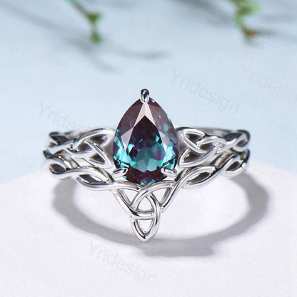 Norse Viking Alexandrite Wedding Ring Set Celtic Knot Lab Alexandrite Engagement Ring June Birthstone Jewelry Unique 2Pcs Twisted Bridal Set - PENFINE
