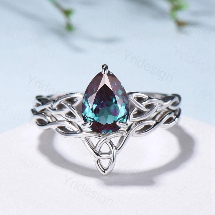 Norse Viking Alexandrite Wedding Ring Set Celtic Knot Lab Alexandrite Engagement Ring June Birthstone Jewelry Unique 2Pcs Twisted Bridal Set - PENFINE