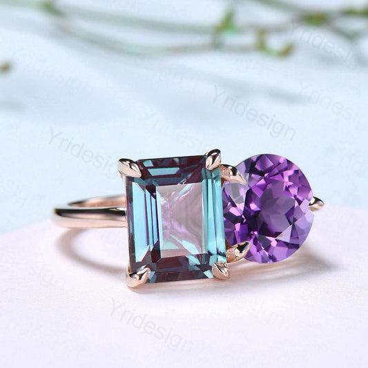 Minimalist Two stone emerald cut alexandrite engagement ring 14k rose gold round Amethyst wedding ring Plain Band anniversary bridal gifts - PENFINE