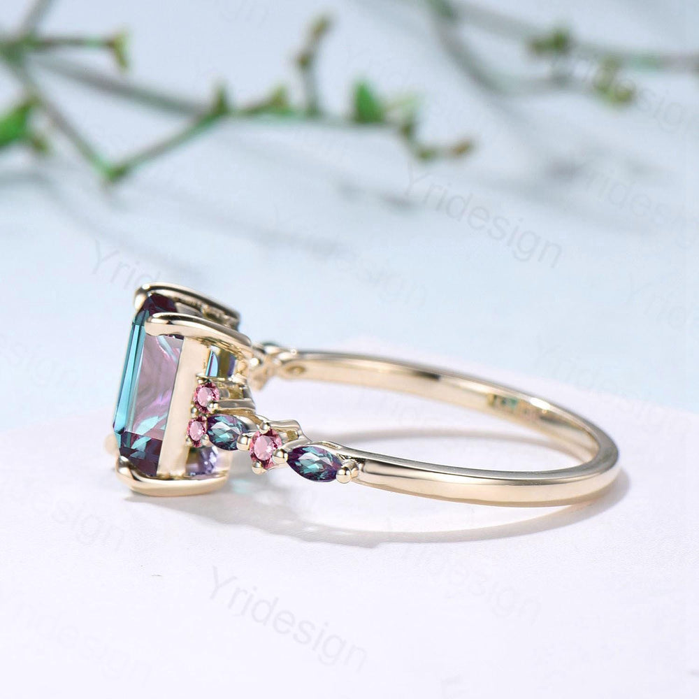 Elegant Emerald Cut Alexandrite Engagement Ring Yellow Gold Unique Pink Tourmaline Color Change Wedding Ring Promise Anniversary Gifts Women - PENFINE