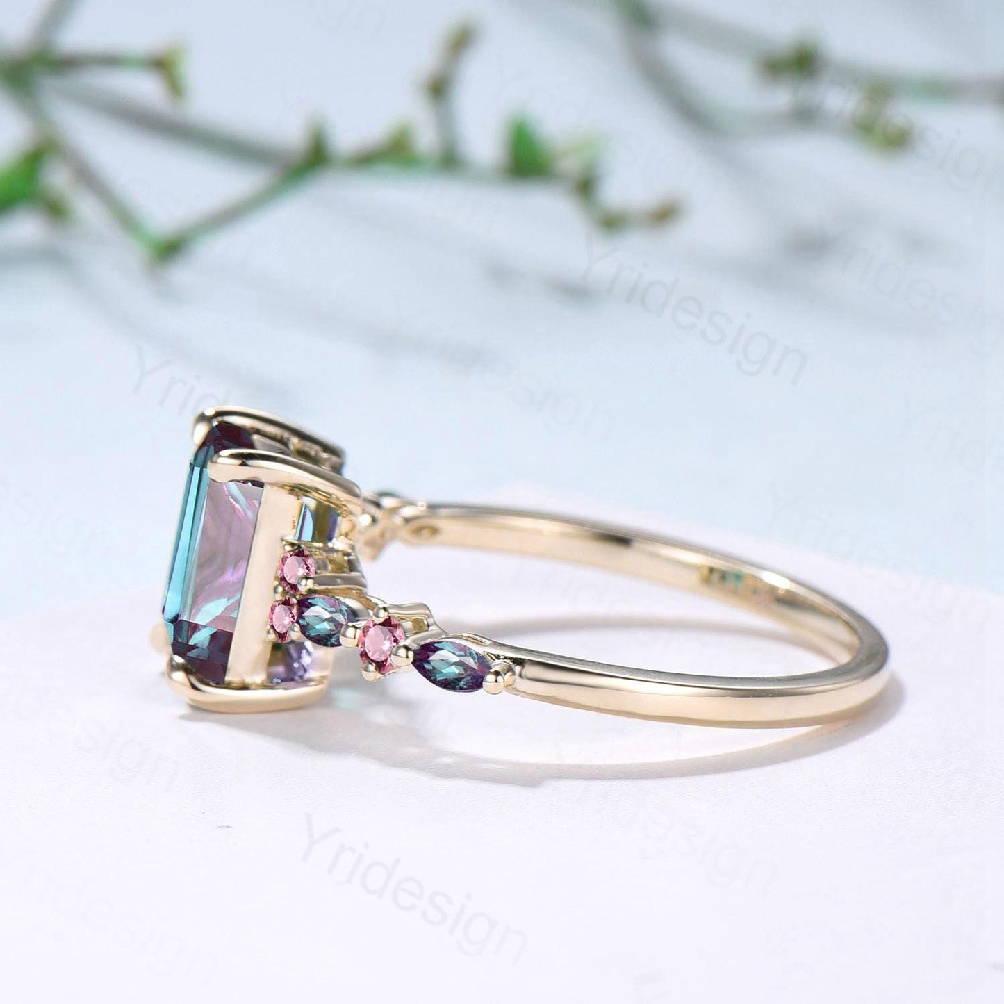 Elegant Emerald Cut Alexandrite Engagement Ring Yellow Gold Unique Pink Tourmaline Color Change Wedding Ring Promise Anniversary Gifts Women - PENFINE