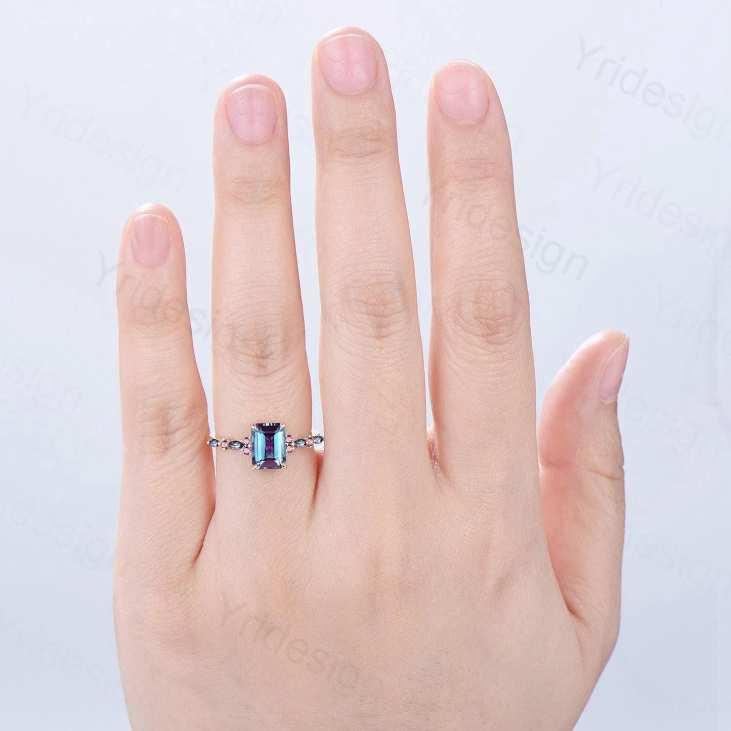 Elegant Emerald Cut Alexandrite Engagement Ring Yellow Gold Unique Pink Tourmaline Color Change Wedding Ring Promise Anniversary Gifts Women - PENFINE