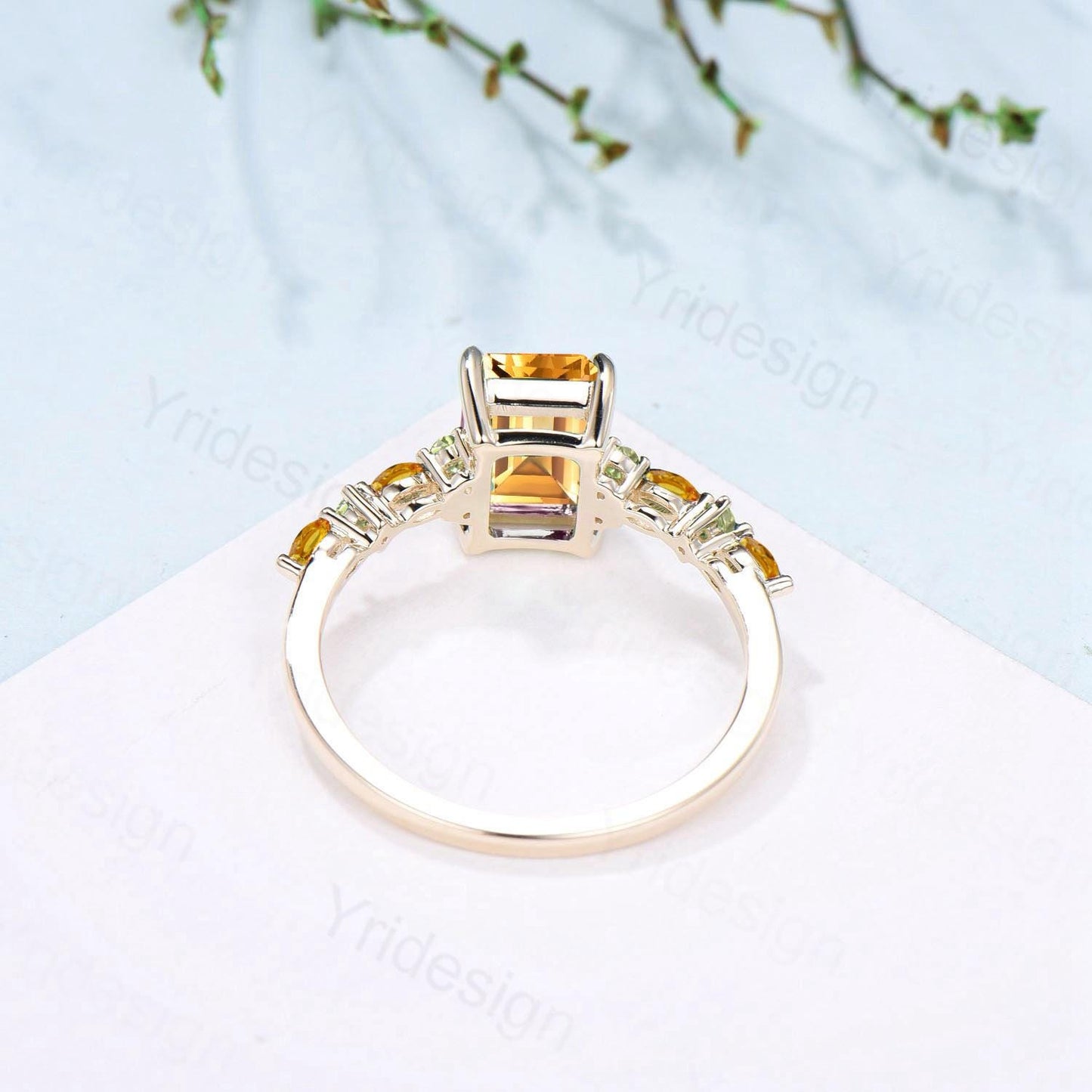 Vintage Emerald Cut Citrine Engagement Ring Cluster Peridot Wedding Ring Yellow Gold November Birthstone Elegant Anniversary Ring for Women - PENFINE