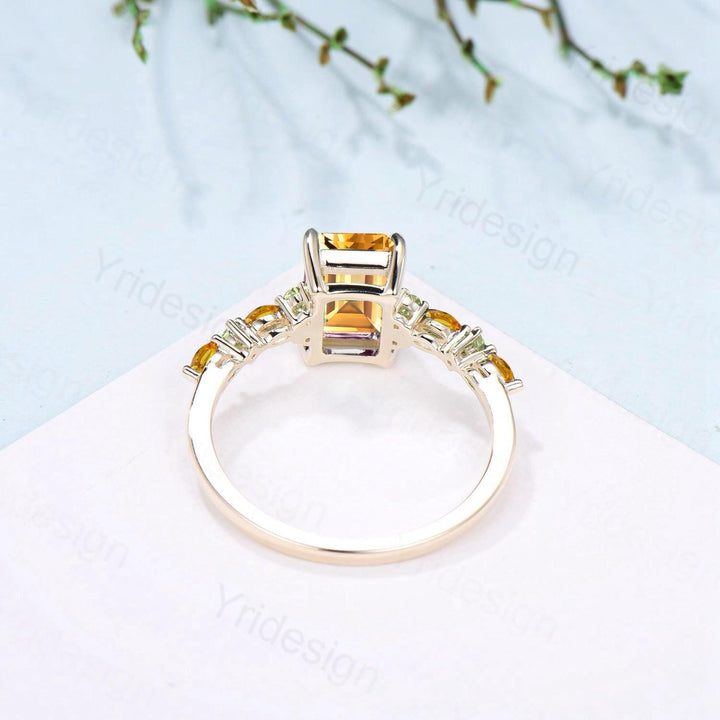 Vintage Emerald Cut Citrine Engagement Ring Cluster Peridot Wedding Ring Yellow Gold November Birthstone Elegant Anniversary Ring for Women - PENFINE