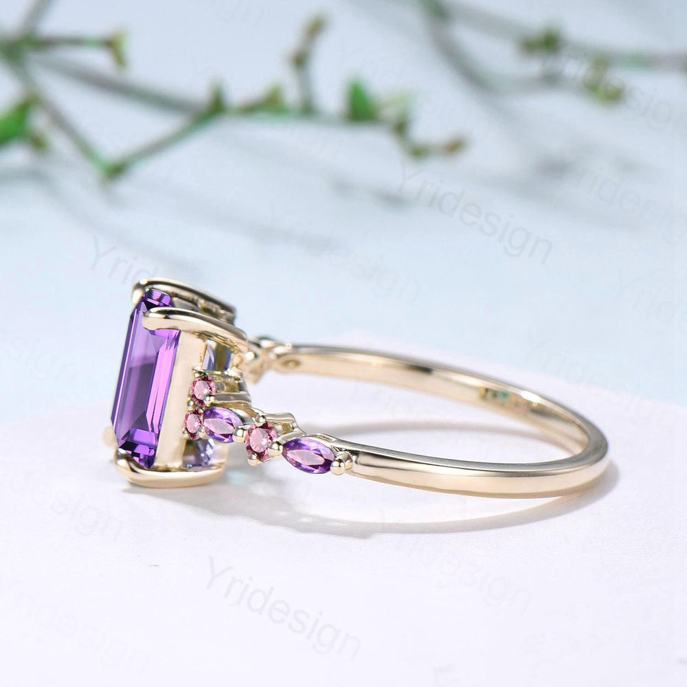 Unique Emerald Cut Amethyst Ring Marquise Purple Crystal Vintage Engagement Ring February Birthstone Handmade Bat Proposal Gifts for Women - PENFINE