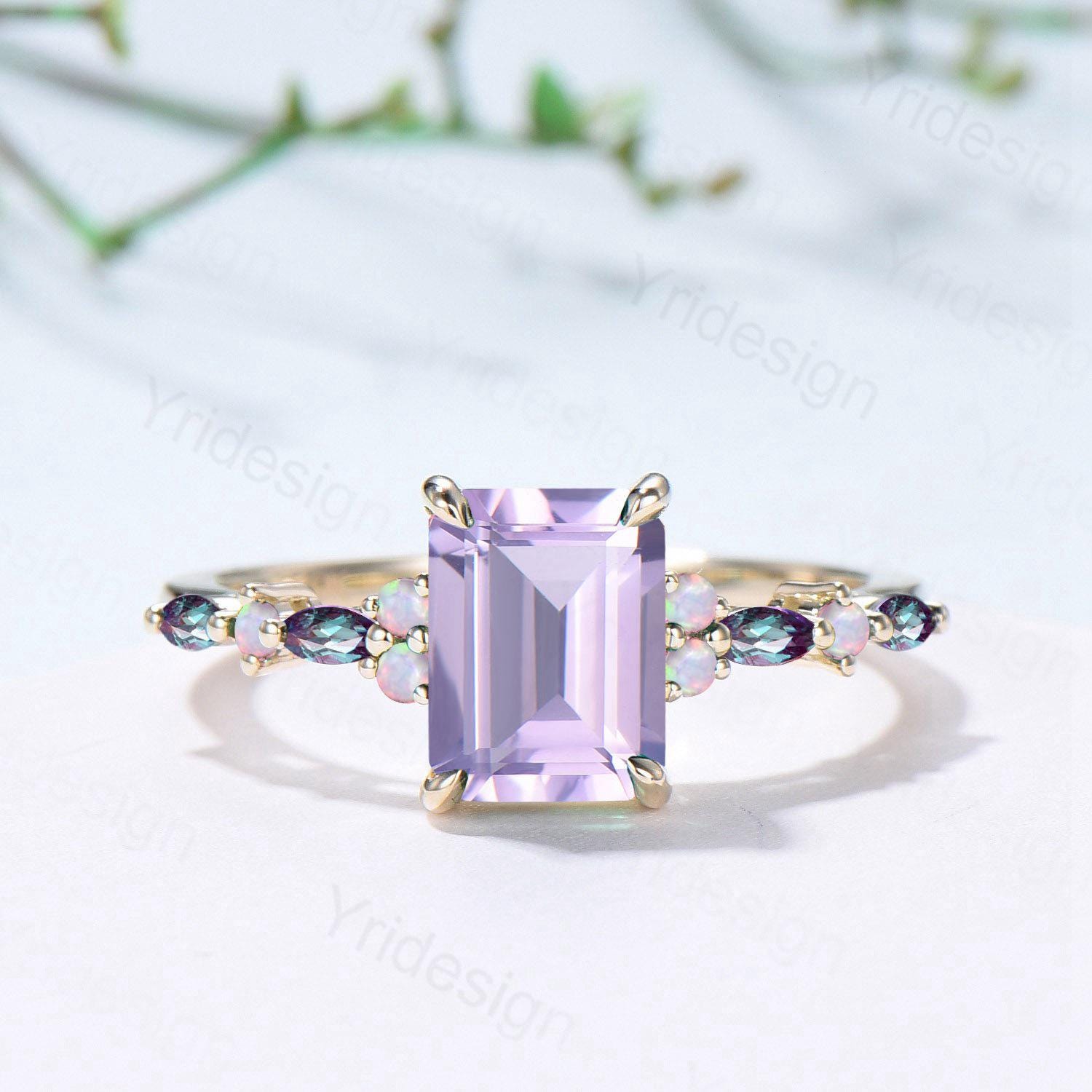 Unique Emerald Cut lavender amethyst Ring Marquise Alexandrite Opal Purple Engagement Ring February Birthstone Handmade Proposal Gifts Women - PENFINE