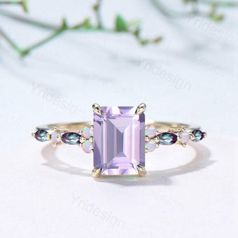 Unique Emerald Cut lavender amethyst Ring Marquise Alexandrite Opal Purple Engagement Ring February Birthstone Handmade Proposal Gifts Women - PENFINE