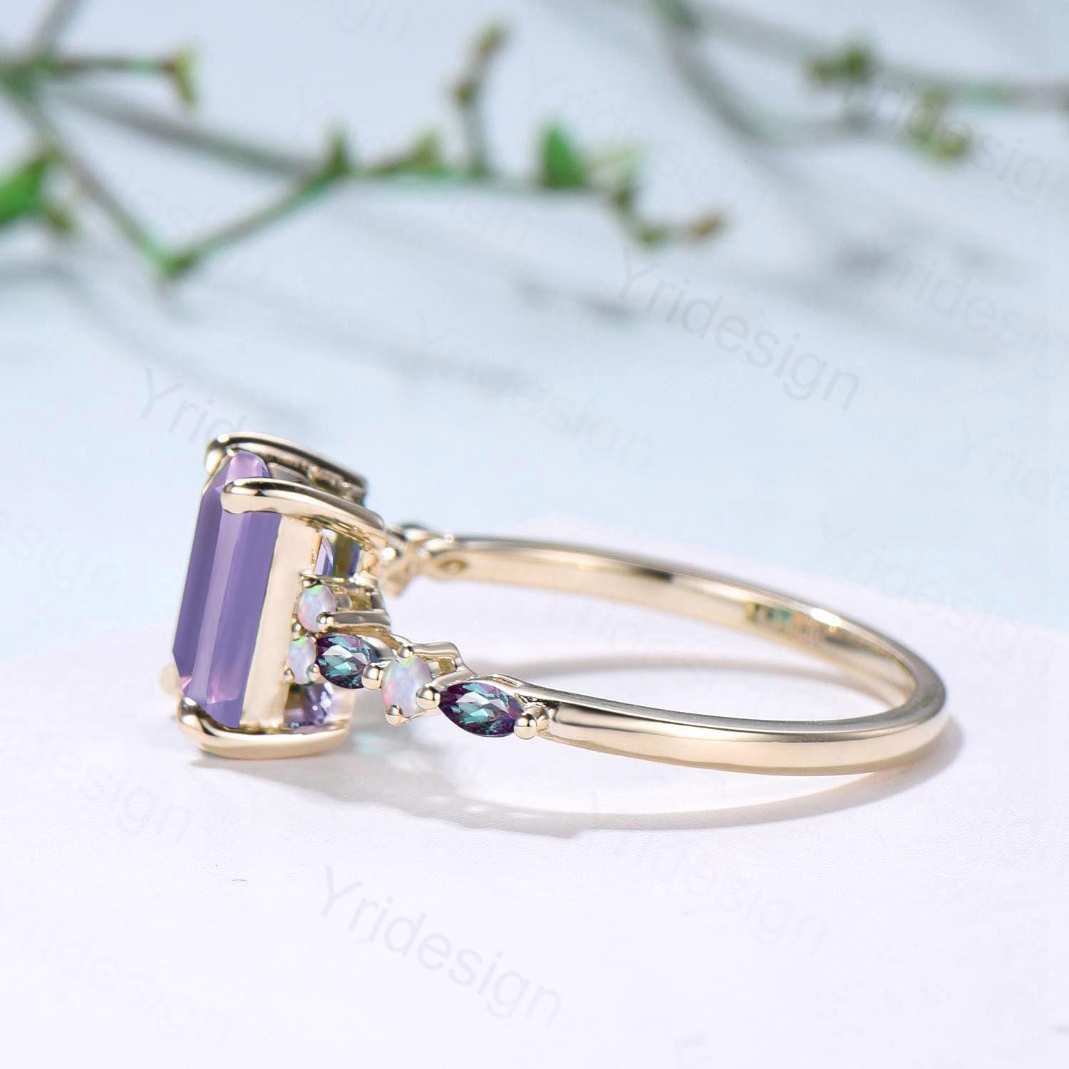 Unique Emerald Cut lavender amethyst Ring Marquise Alexandrite Opal Purple Engagement Ring February Birthstone Handmade Proposal Gifts Women - PENFINE