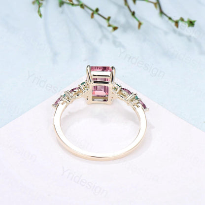 Vintage Padparadscha sapphire Engagement Ring Yellow Gold Pink Tourmaline and Emerald Wedding Band Pink Crystal Anniversary Ring For Women - PENFINE