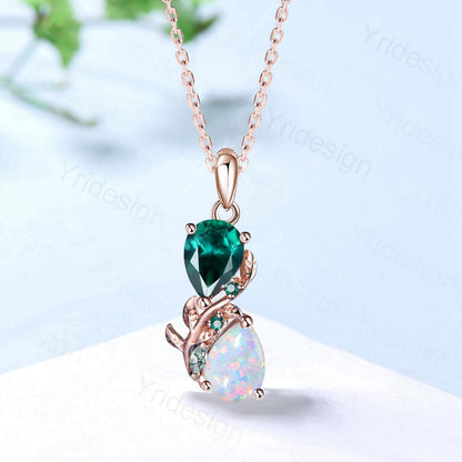 Nature Inspired Opal Emerald Pendant Necklace Women Unique Alternative Moss Agate Necklace Branch Snake pear shaped leaf pendant mom's gift - PENFINE