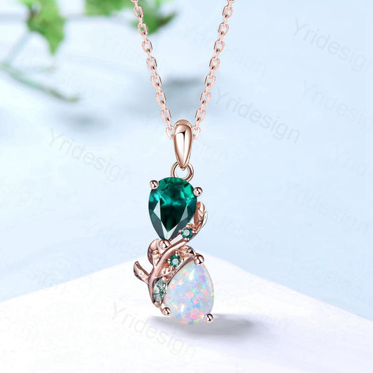 Nature Inspired Opal Emerald Pendant Necklace Women Unique Alternative Moss Agate Necklace Branch Snake pear shaped leaf pendant mom's gift - PENFINE
