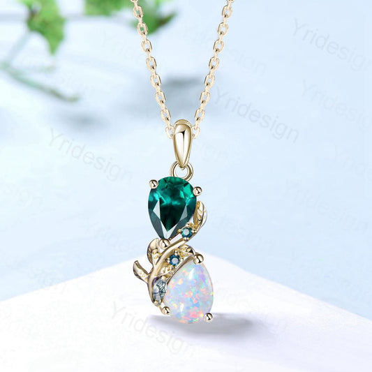 Nature Inspired Opal Emerald Pendant Necklace Women Unique Alternative Moss Agate Necklace Branch Snake pear shaped leaf pendant mom's gift - PENFINE