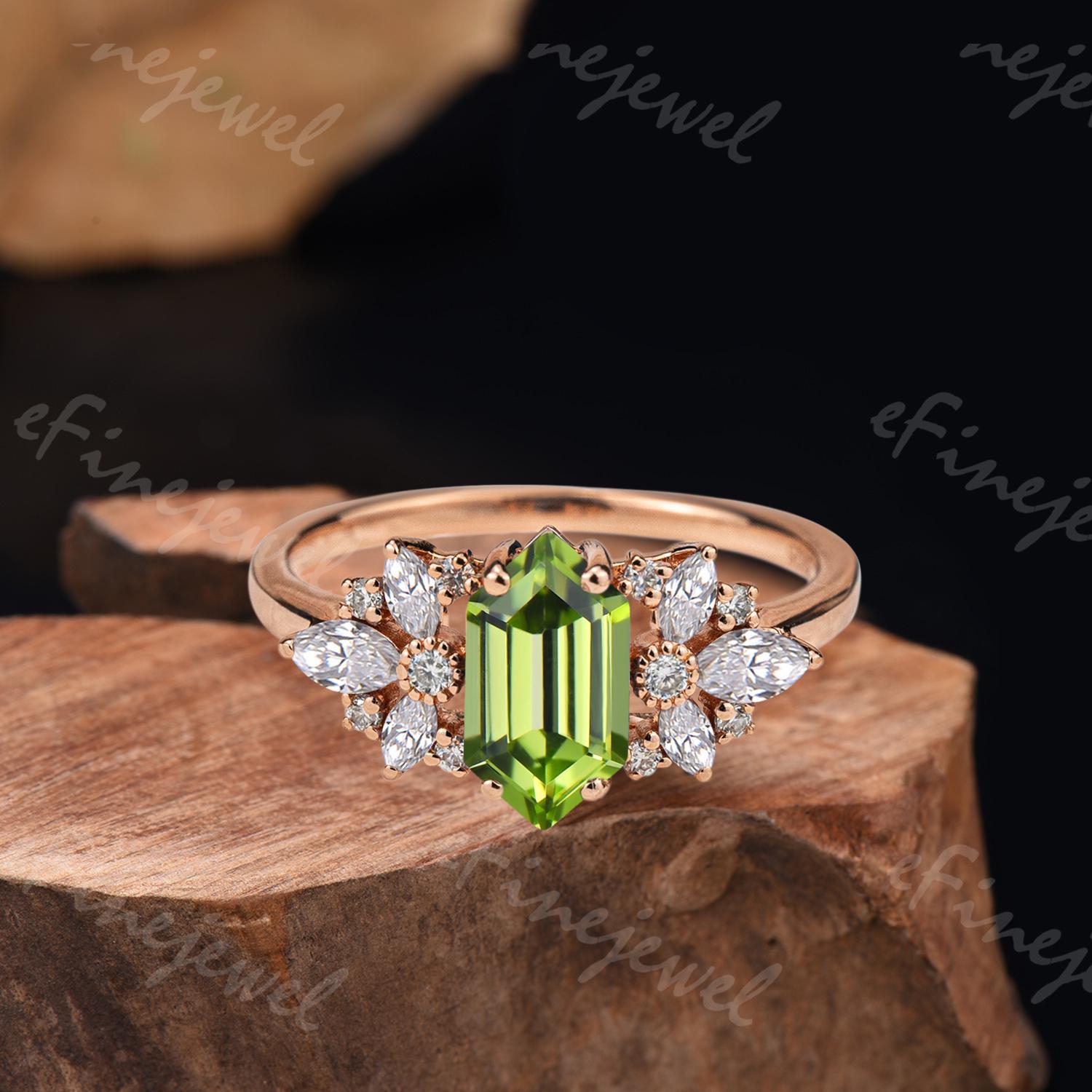 Vintage Art Deco Peridot Engagement Ring, Marquise Moissanite Accent