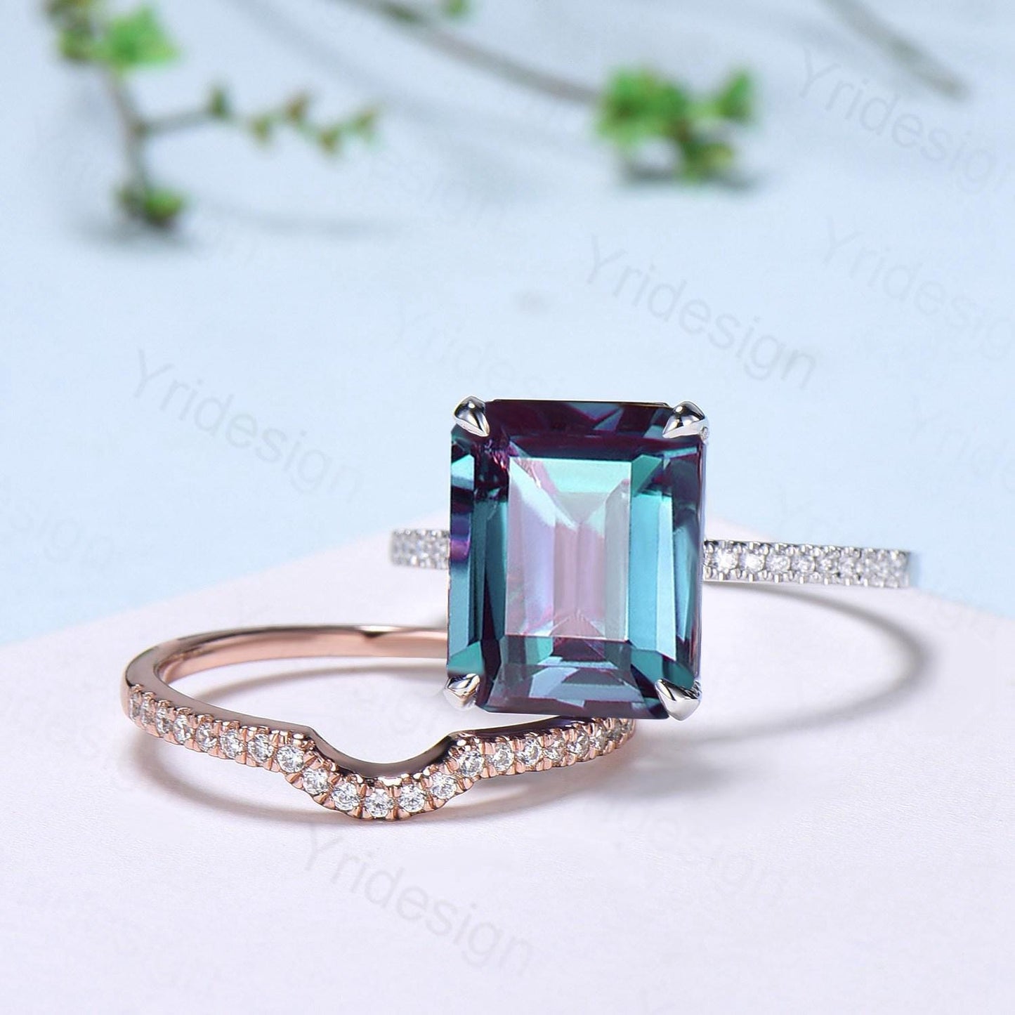 Hidden Halo Emerald Cut Alexandrite Engagement Ring Vintage 14K Rose Gold 6CT Alexandrite Diamond Wedding Ring Anniversary Gifts For Women - PENFINE