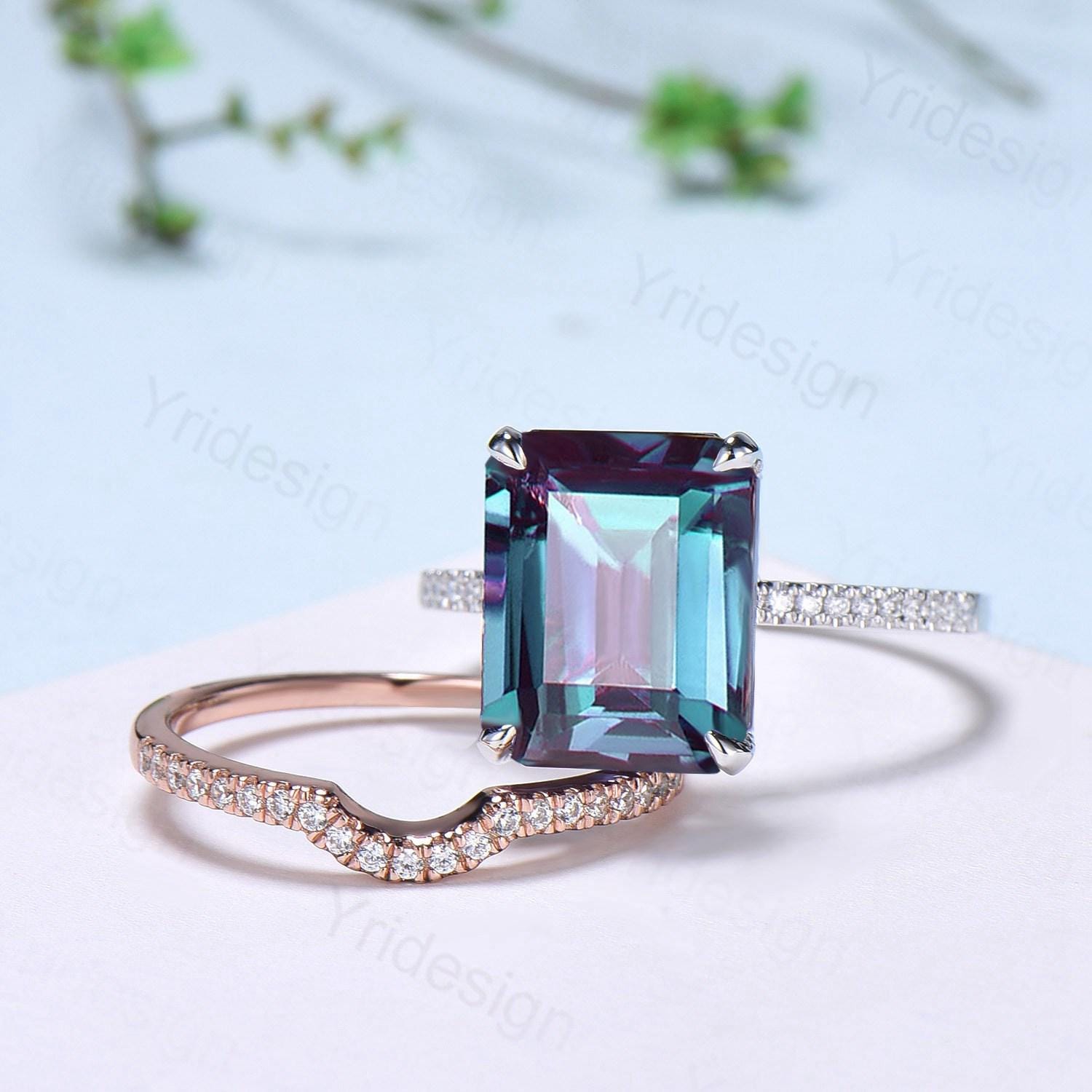 Hidden Halo Emerald Cut Alexandrite Engagement Ring Vintage 14K Rose Gold 6CT Alexandrite Diamond Wedding Ring Anniversary Gifts For Women - PENFINE