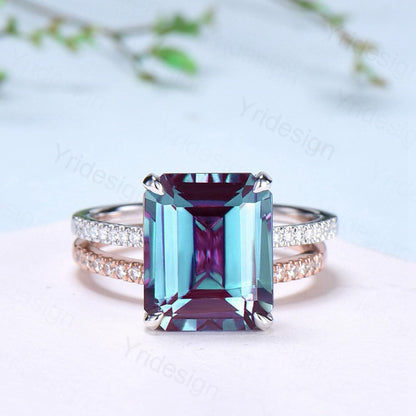 Hidden Halo Emerald Cut Alexandrite Engagement Ring Vintage 14K Rose Gold 6CT Alexandrite Diamond Wedding Ring Anniversary Gifts For Women - PENFINE