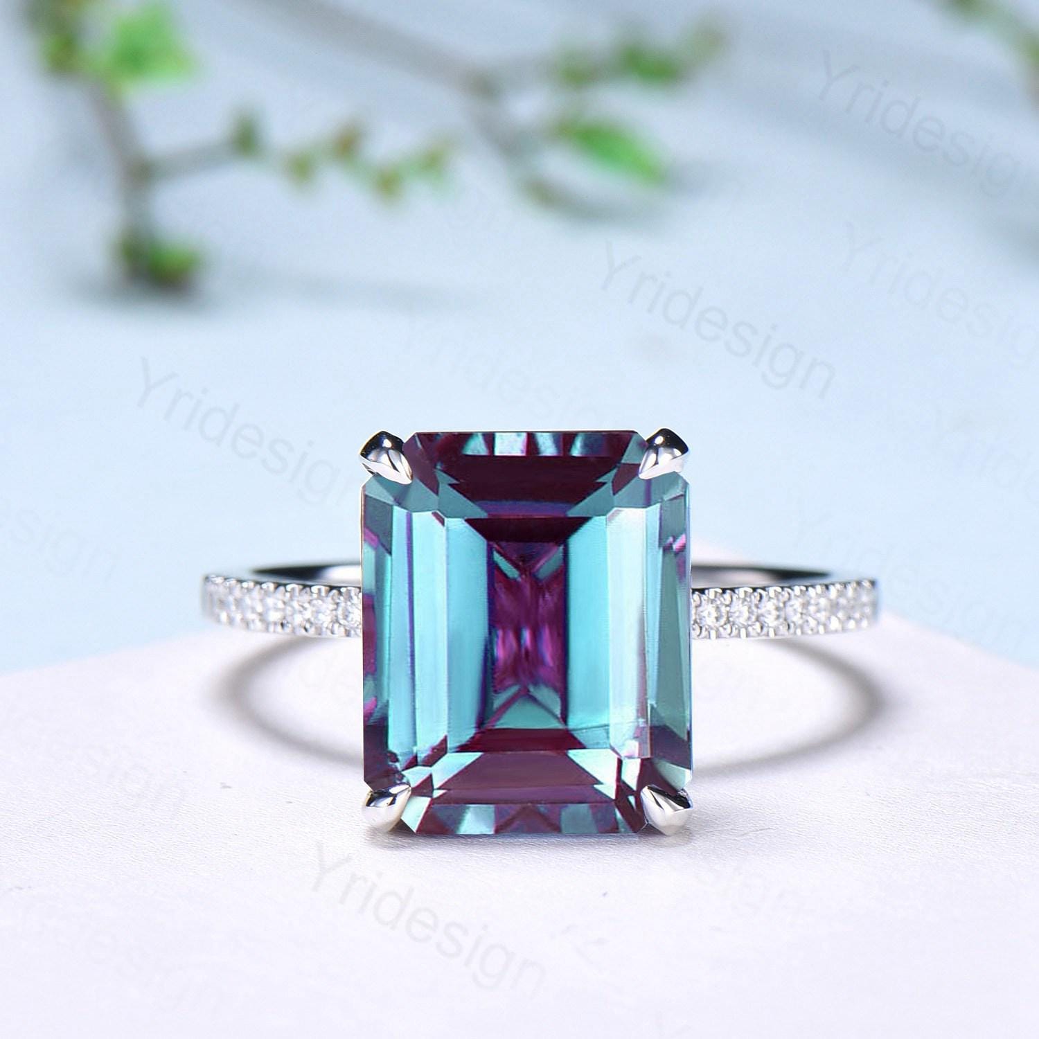 Hidden Halo Emerald Cut Alexandrite Engagement Ring Vintage 14K Rose Gold 6CT Alexandrite Diamond Wedding Ring Anniversary Gifts For Women - PENFINE