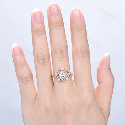 Pear Shaped Brilliant Moissanite Engagement Ring Set Nature Inspired Snake Eternity Wedding Set Moissanite Promise Bridal Set Women Gifts - PENFINE