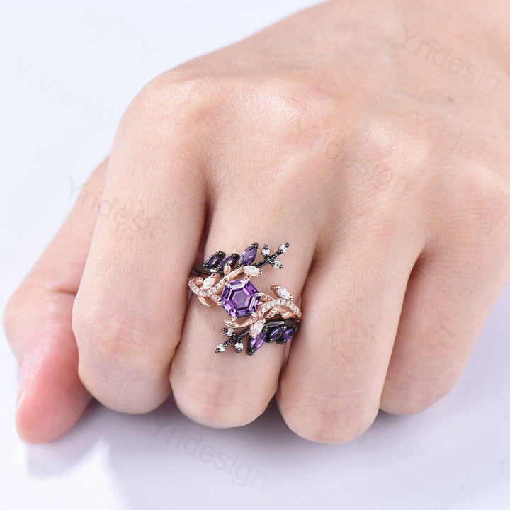 Nature Inspired hexagon amethyst engagement ring set black gold unique snake marquise cut purple gemstone ring bridal wedding set for women - PENFINE