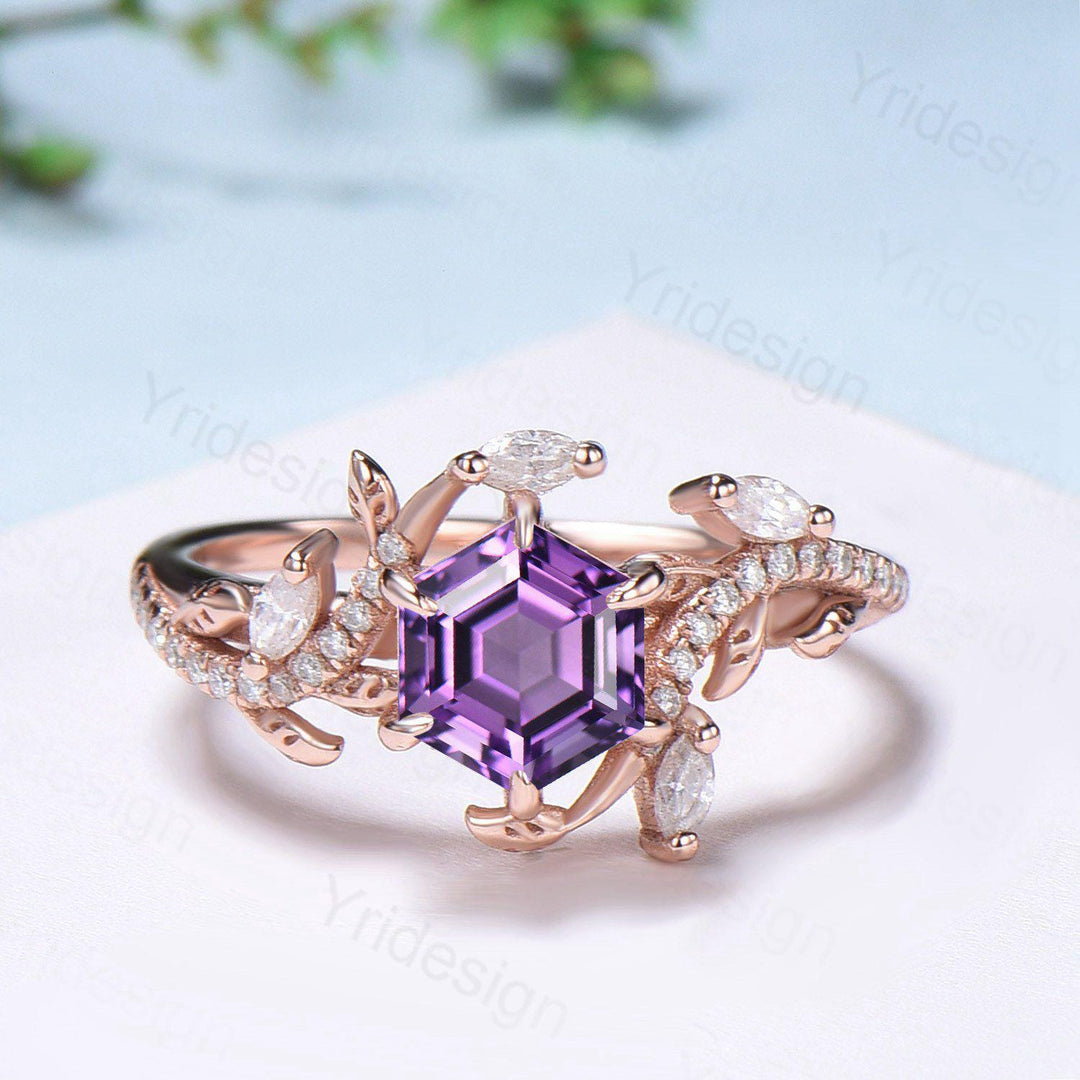Nature Inspired hexagon amethyst engagement ring set black gold unique snake marquise cut purple gemstone ring bridal wedding set for women - PENFINE