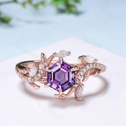 Nature Inspired hexagon amethyst engagement ring set black gold unique snake marquise cut purple gemstone ring bridal wedding set for women - PENFINE