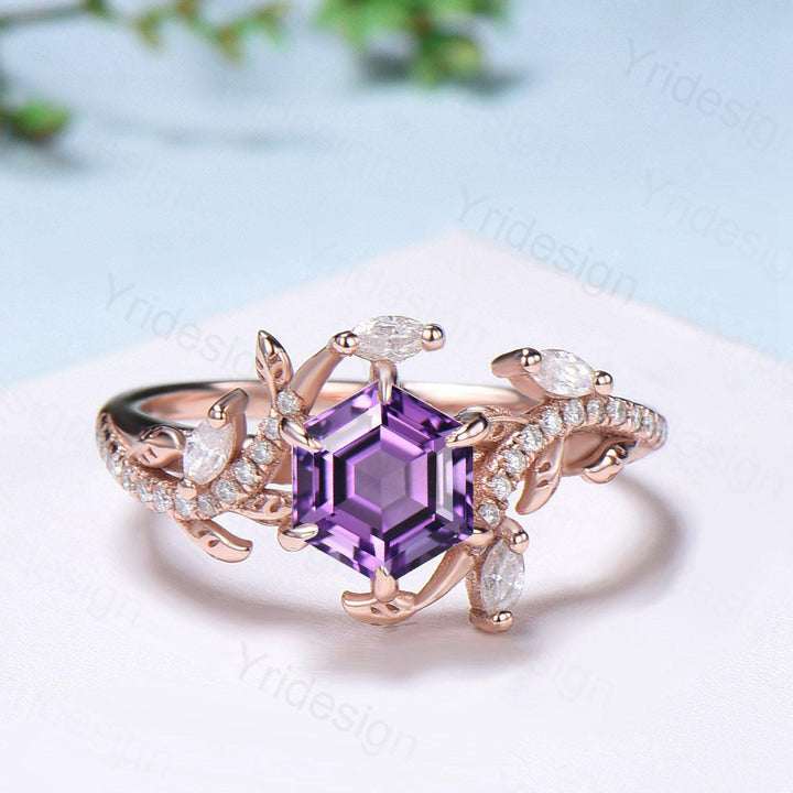 Nature Inspired hexagon amethyst engagement ring set black gold unique snake marquise cut purple gemstone ring bridal wedding set for women - PENFINE