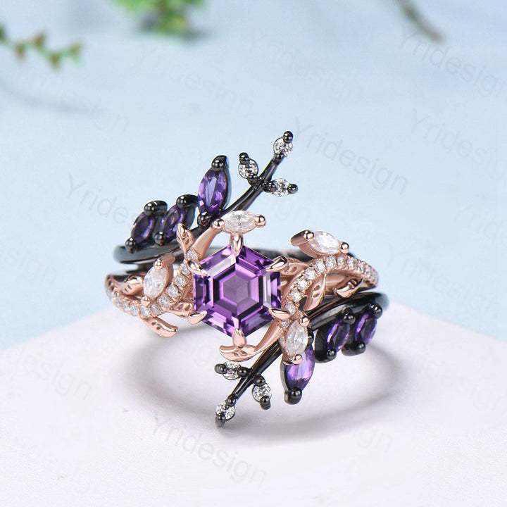 Nature Inspired hexagon amethyst engagement ring set black gold unique snake marquise cut purple gemstone ring bridal wedding set for women - PENFINE